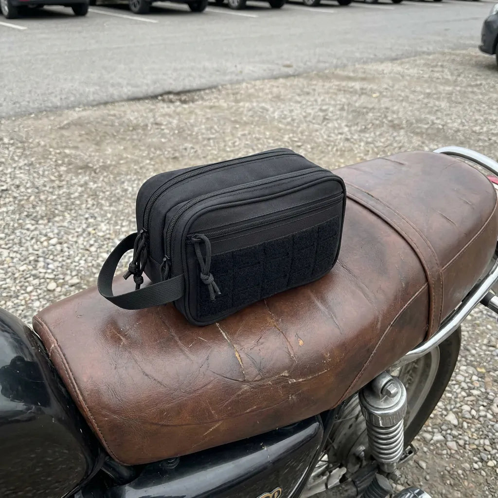 BikeBag Dopp Kit on a motorcycle seat
