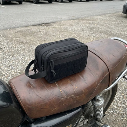 BikeBag Dopp Kit on a motorcycle seat