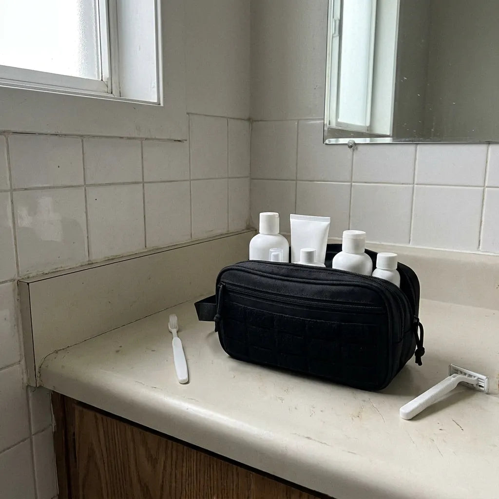 BikeBag Dopp Kit open on a bathroom counter