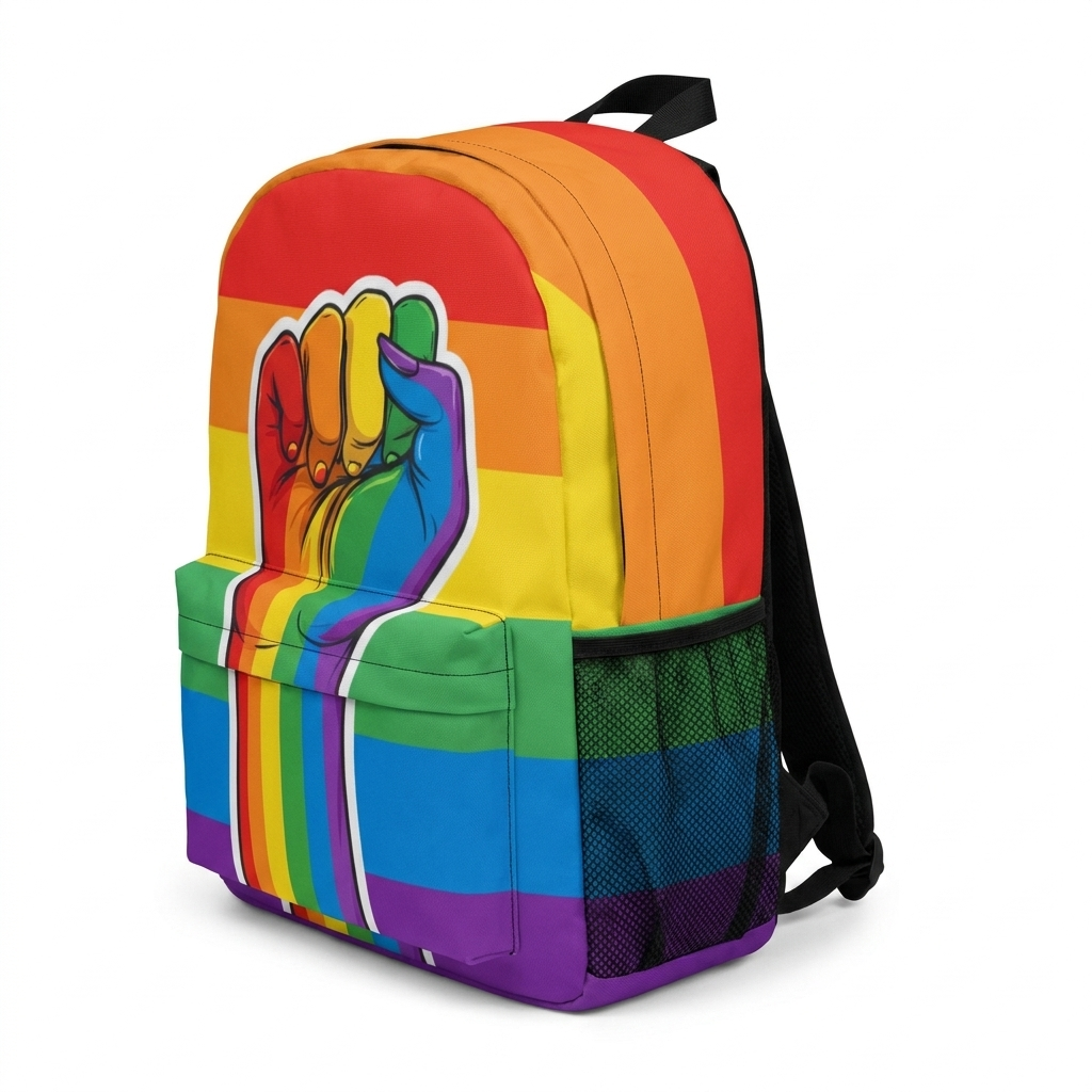 Rainbow Fist Backpack, three quarter right view