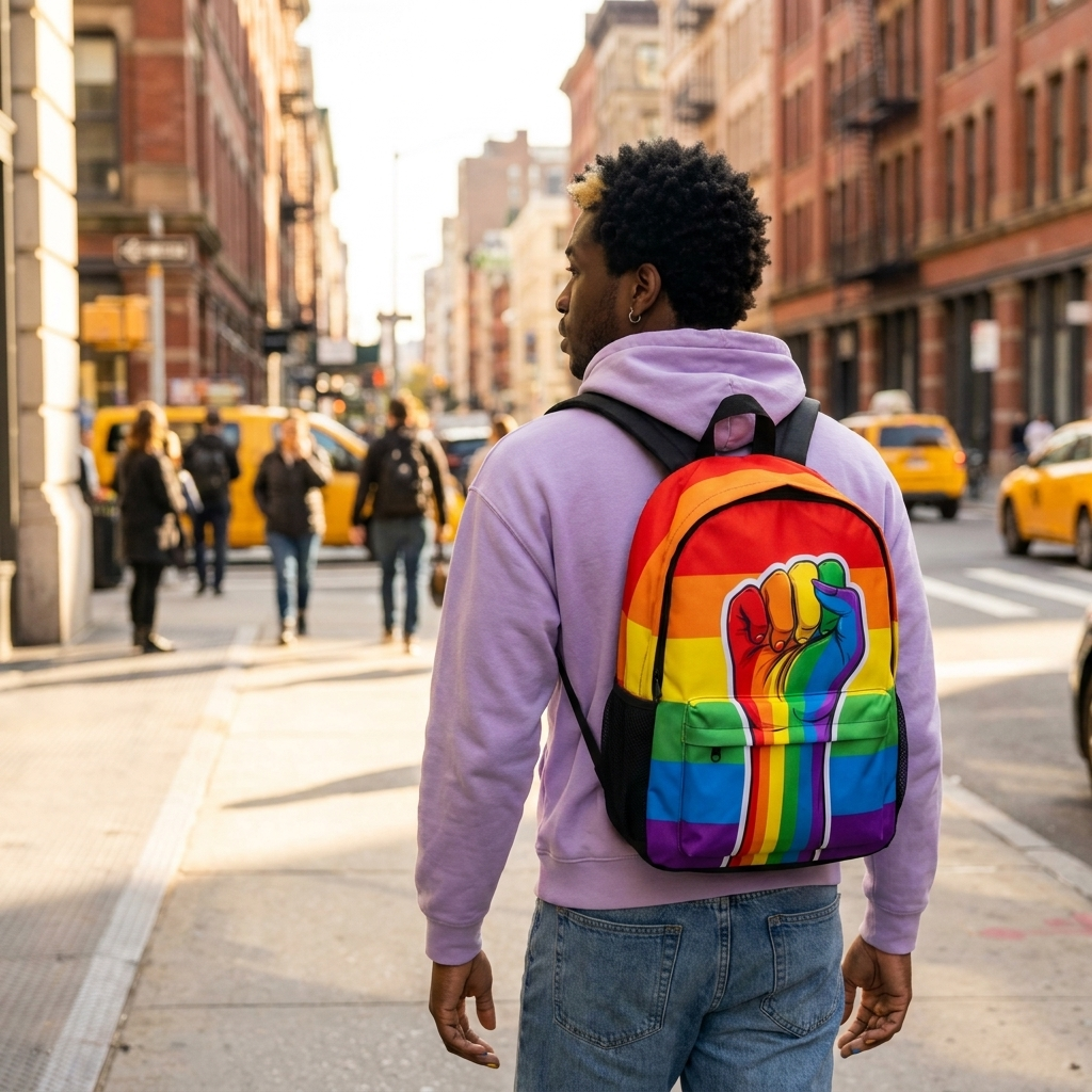Navier wearing the Rainbow Fist Backpack on a city sidewalk
