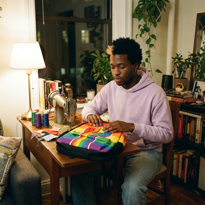 Navier at his sewing table with the backpack