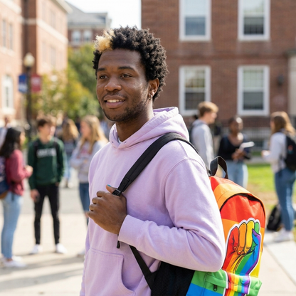 Navier holding the Rainbow Fist Backpack on campus