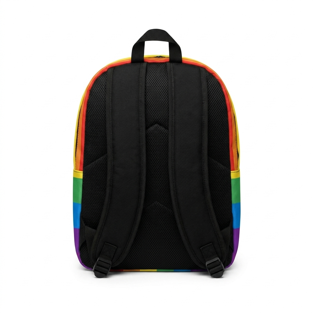 Rainbow Fist Backpack, back view with padded straps and back panel