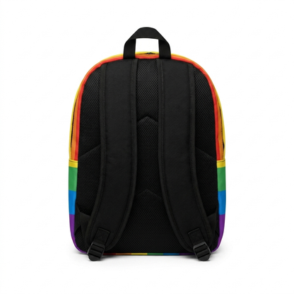 Rainbow Fist Backpack, back view with padded straps and back panel