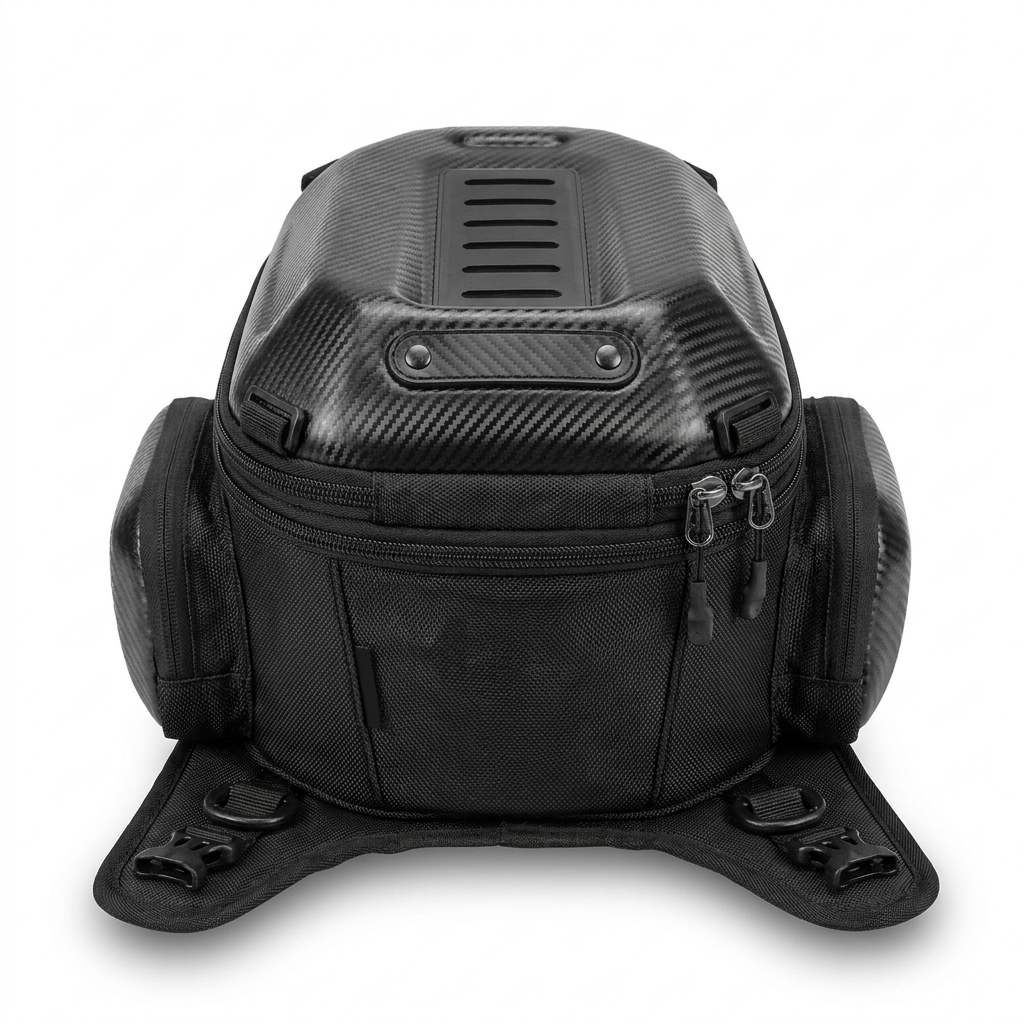 Hard-shell motorcycle tank and leg bag, front view