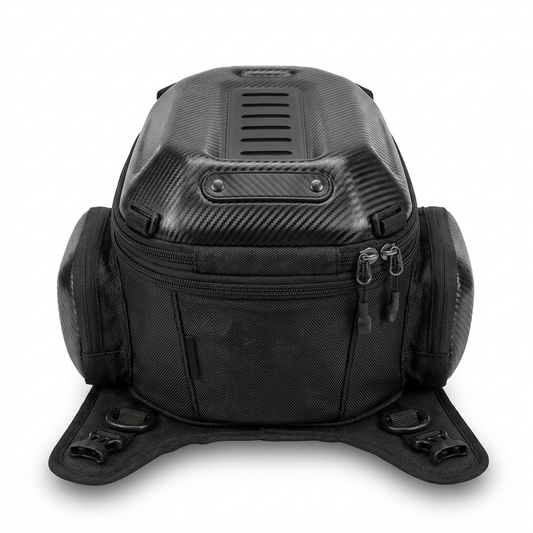 Hard-shell motorcycle tank and leg bag, front view