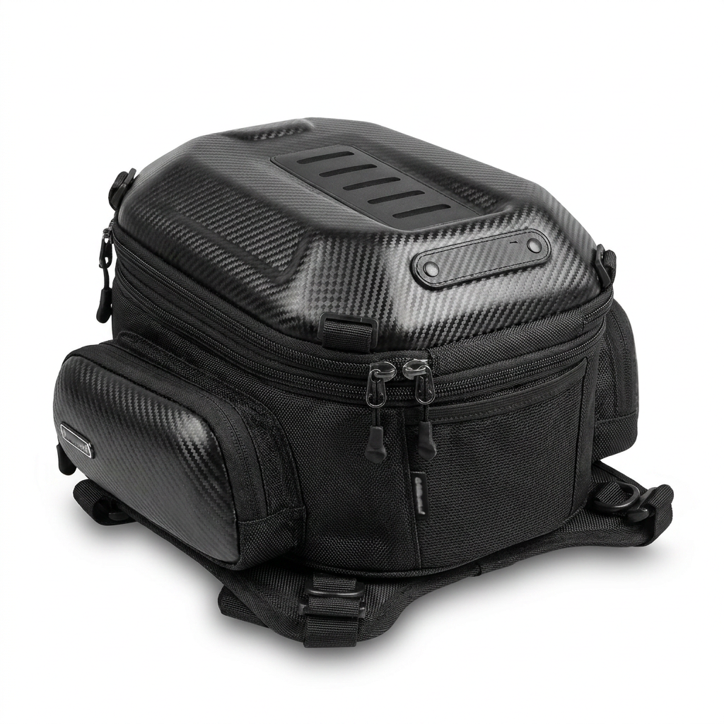 Motorcycle bag three-quarter left view showing carbon-look hard shell