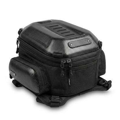Motorcycle bag three-quarter left view showing carbon-look hard shell