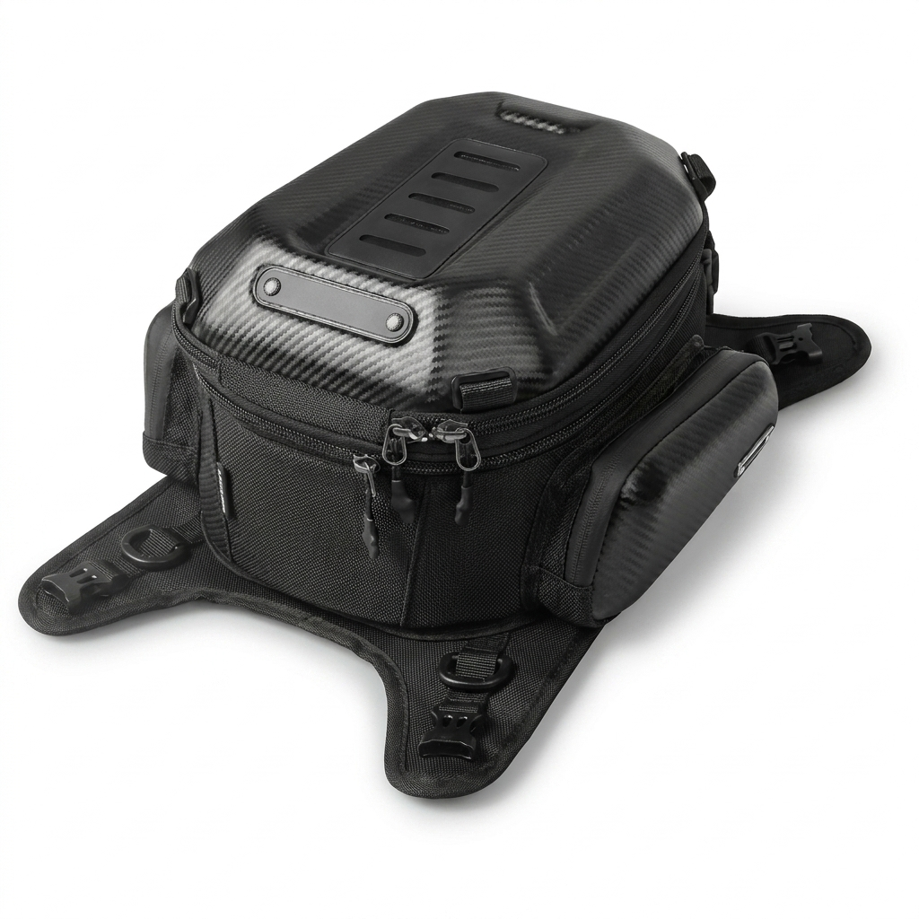 Motorcycle bag three-quarter right view with mesh side pockets