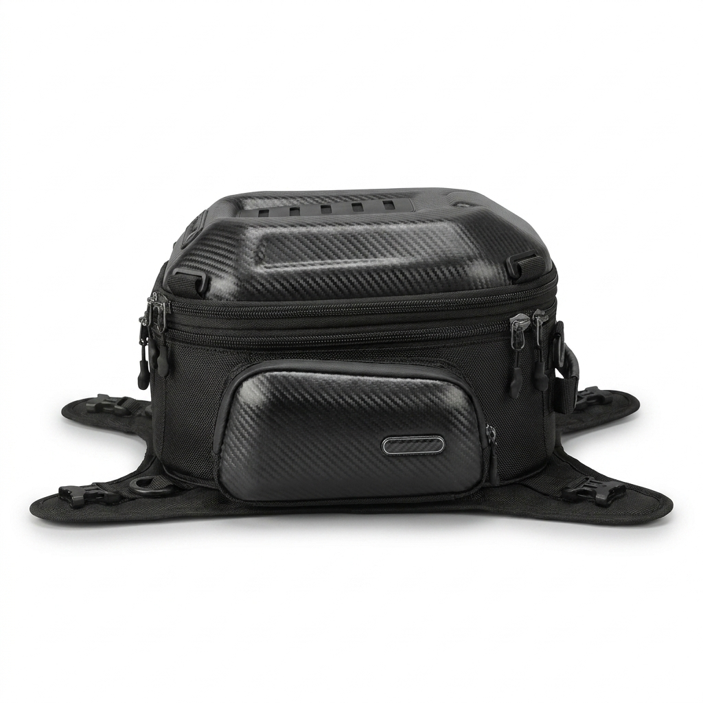 Motorcycle bag front profile showing mounting harness
