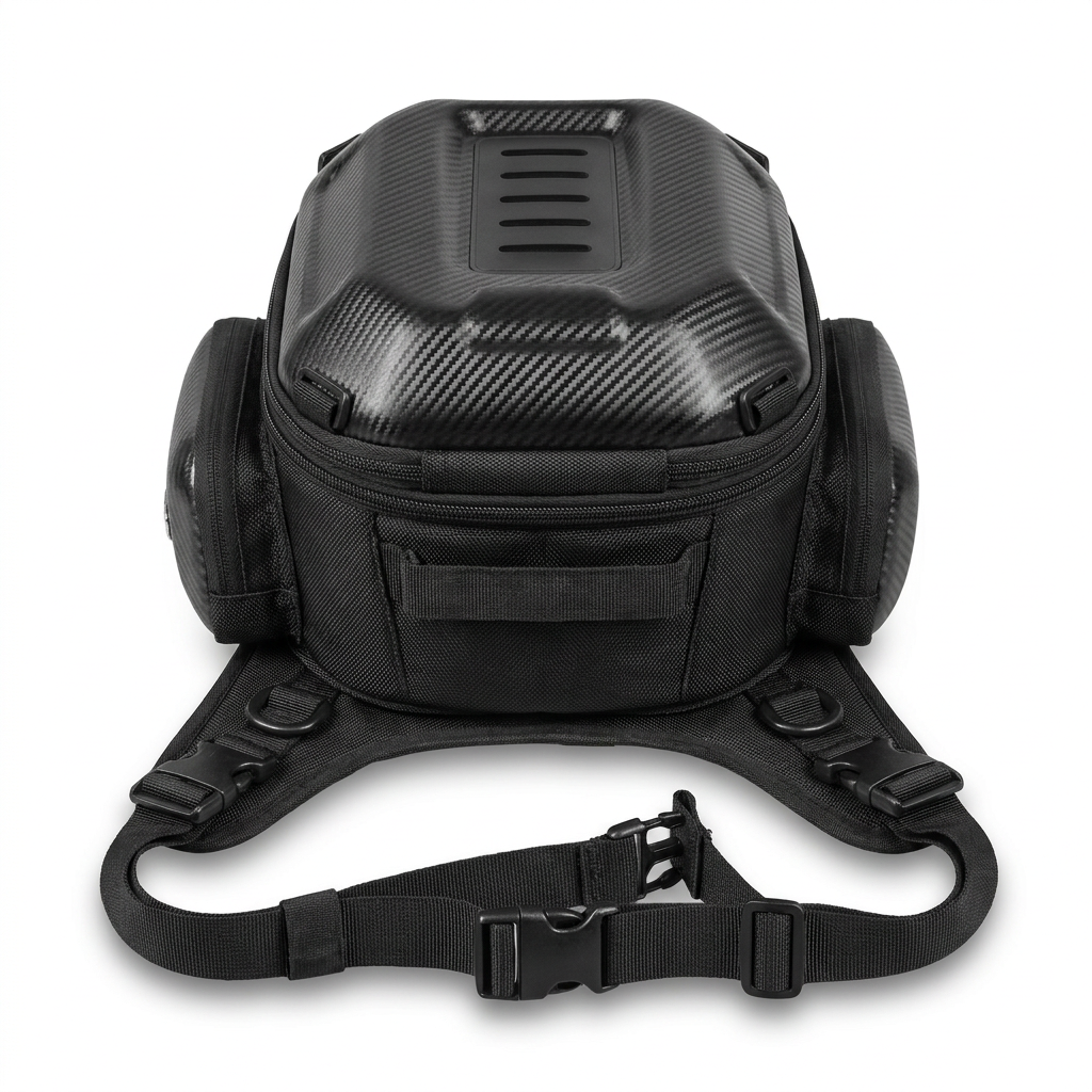 Motorcycle bag rear view showing adjustable leg and waist straps