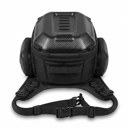 Motorcycle bag rear view showing adjustable leg and waist straps