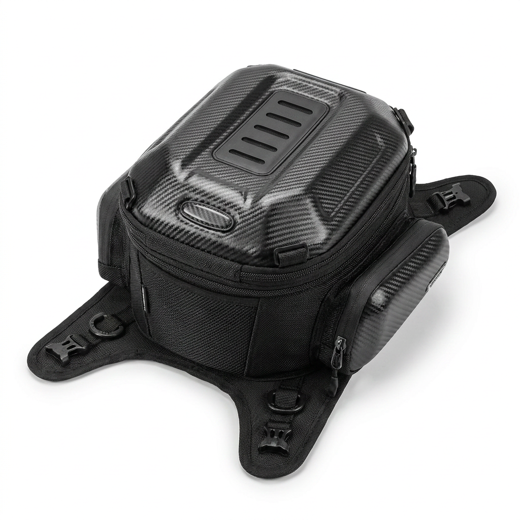 Close detail of carbon-look hard shell and ventilation ridges
