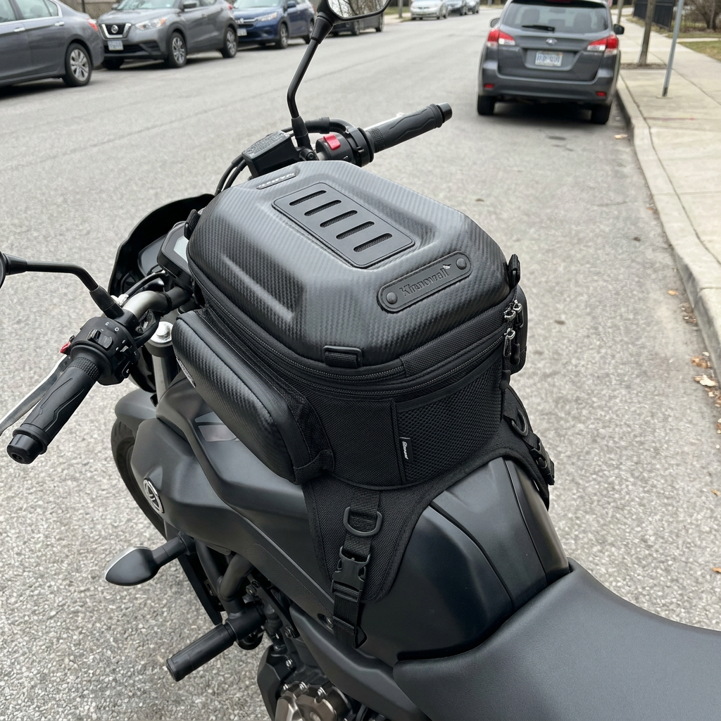 Bag mounted on a motorcycle tank on a city street