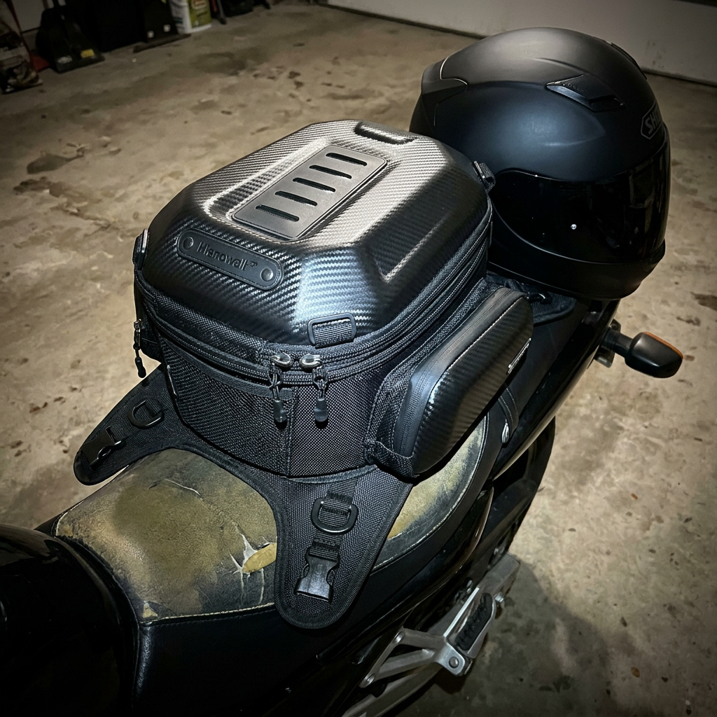 Bag on a motorcycle seat next to a helmet in a garage